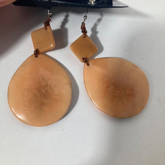 Tagua Nut Dangle Earrings 3" Peach  Brown Cream - Picture 3 of 4
